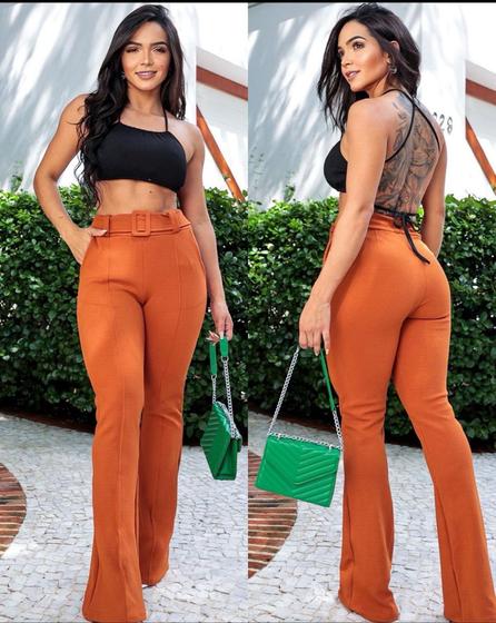Calça Flare com cinto malha crepe feminina com elastano elegante sofisticada Menor preço em Calça Flare com cinto malha crepe feminina com elastano elegante sofisticada