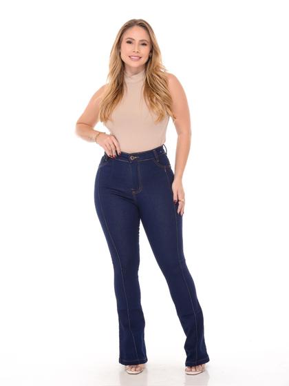 Imagem de Calça flare jeans feminina escura com pinça amaciada de qualidade premium