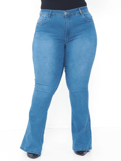 Imagem de Calça Flare Jeans Feminina Plus Size Clara cintura alta boca larga lycra/elastano