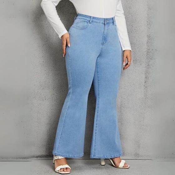 Imagem de Calça Flare Plus Size Jeans Feminina Boca de Sino Cintura Alta Modeladora