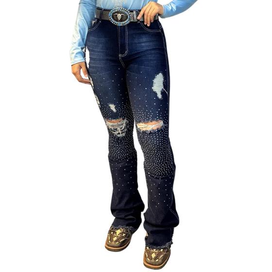 Imagem de Calça Jeans Azul Feminina Blue Shine Bordada Rasgos Strass Brilhos Cintura Alta Flare Moda Country Elastano Lycra Texas Ranch Jeans