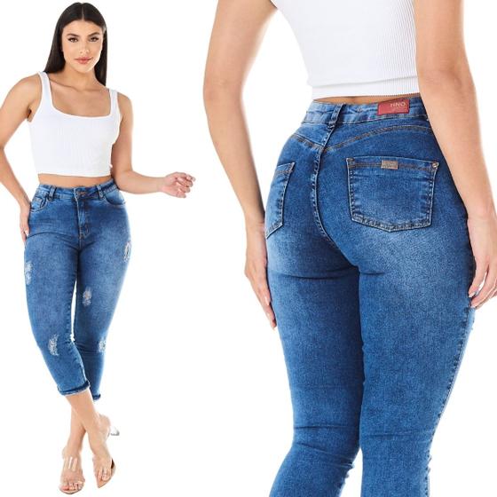 Imagem de Calça Jeans Capri Feminina HNO Cintura Alta Barra Dobrada Azul