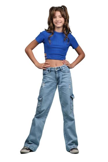 Imagem de Calça Jeans Cargo Feminina Wide Leg Pantalona Infantil Juvenil tam 10 ao 16 (R6285)