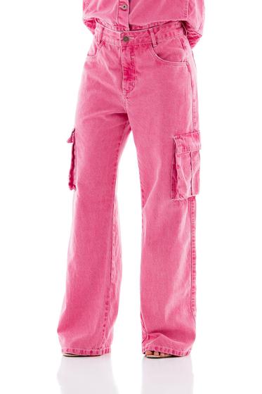 Imagem de Calça Jeans Feminina Arauto Wide Leg Cargo Rosa