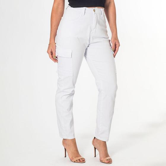 Imagem de Calça Jeans Feminina Branca Skinny Cargo Cintura Alta Casual