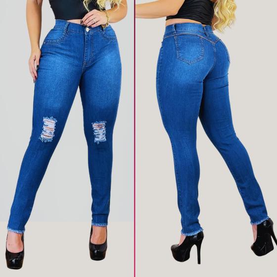 Imagem de Calça Jeans Feminina C/ Lycra Levanta Bumbum Botão Dourado Tendência Detalhe Rasgo