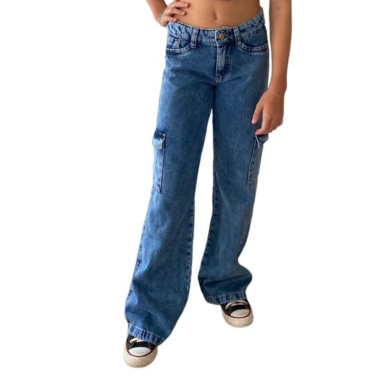 Imagem de Calça Jeans Feminina Cargo Pantalona Infantil Juvenil (6289)
