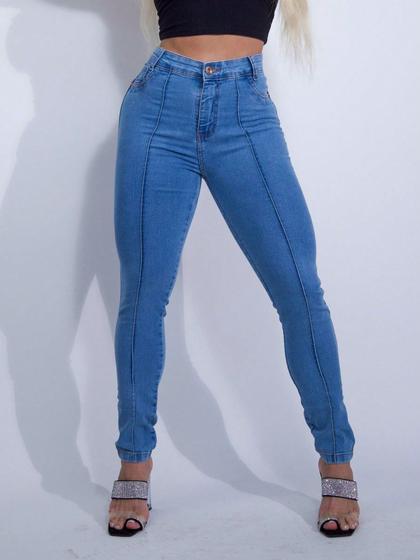 Imagem de Calça jeans feminina cristal com pinça frontal levanta bumbum elastano