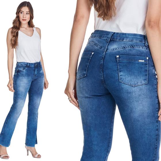 Imagem de Calça Jeans Feminina HNO Petit Flare Barra Desfiada Azul