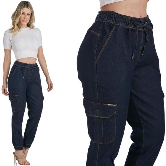 Imagem de Calça Jeans Feminina Jogger HNO Bolso Lateral Azul Escuro