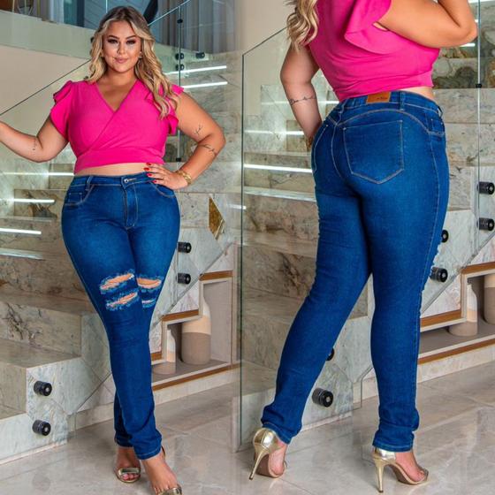 Imagem de Calça Jeans Feminina Plus Size Cintura Alta Efeito Empina Bumbum