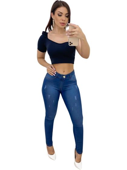 Imagem de Calça Jeans Feminina Skinny Cintura Alta Lycra Na Cor Media