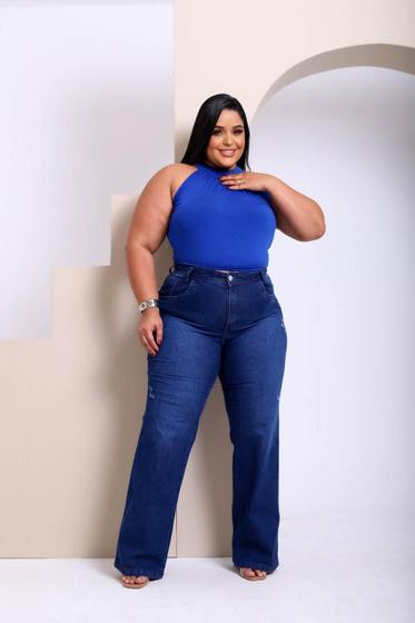 Imagem de calça jeans feminina wide leg plus size com lycra modeladora