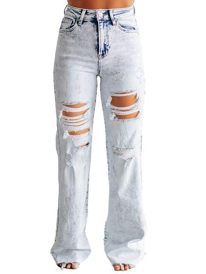 Imagem de Calça jeans Flamingals, bota, rasgada, cintura média, elástica, azul alvejante