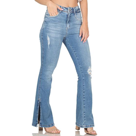 Imagem de Calça Jeans Flare Feminina Com Fenda Desfiada Cintura Alta