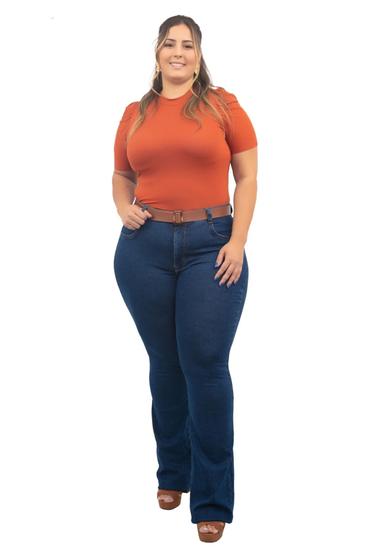 Imagem de Calça Jeans Flare Plus Size, Azul Escuro, Com Cinto 