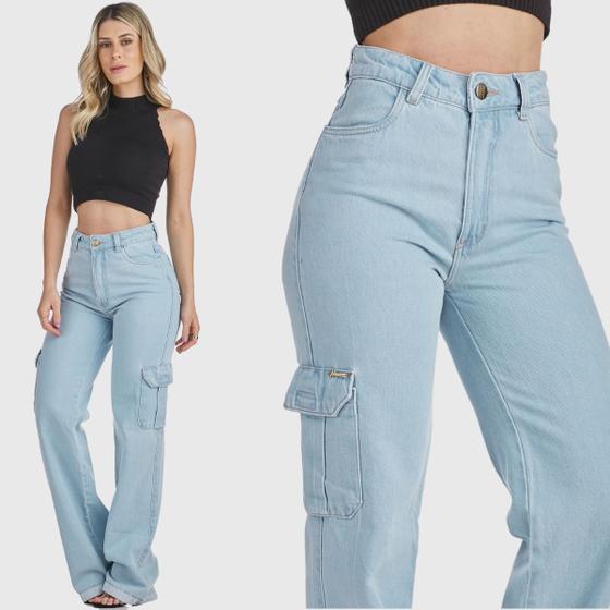 Imagem de Calça Jeans HNO Jeans Wide Leg Cargo Hot Pant Bolso Lateral Azul Claro