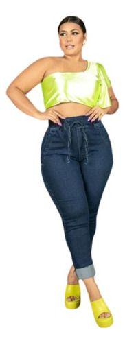 Imagem de Calça Jeans Jogger Feminina Plus Size Lycra Cós Elástico Cintura Alta