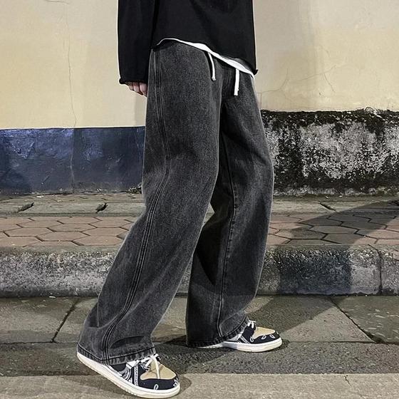 Imagem de Calça Jeans Masculina Solta Reta Drapeada Cor Sólida Vintage Y2K Casual Hip-hop Calças Largas