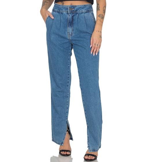 Imagem de Calça Jeans Mom Feminina Com Pregas Cintura Alta Bolsos