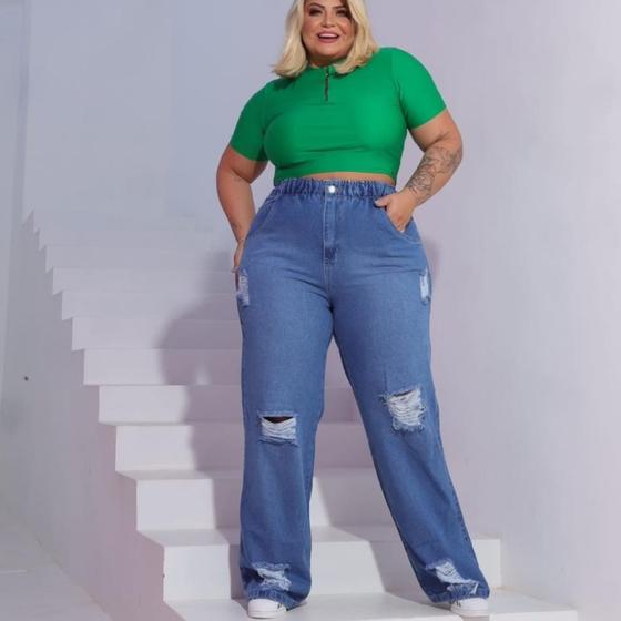 Imagem de Calça jeans plus size feminina com elastico no cos e com detalhes wed leg tamanho 52