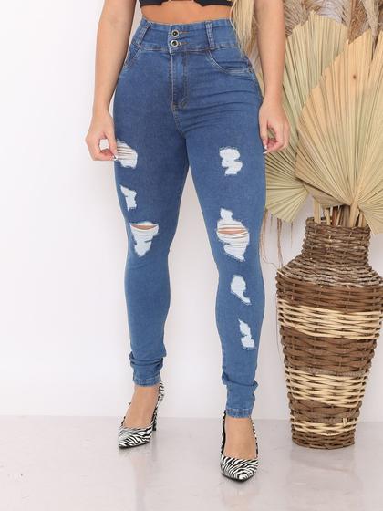 Imagem de Calça jeans premium 2 botão rasgo a laser levanta bumbum cos alto laycra