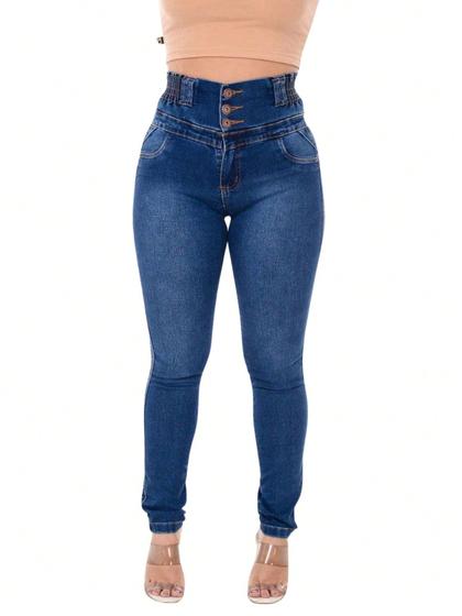 Imagem de Calça jeans premium feminina cos elástico de 3 botão com levanta bumbum estilo blogueira