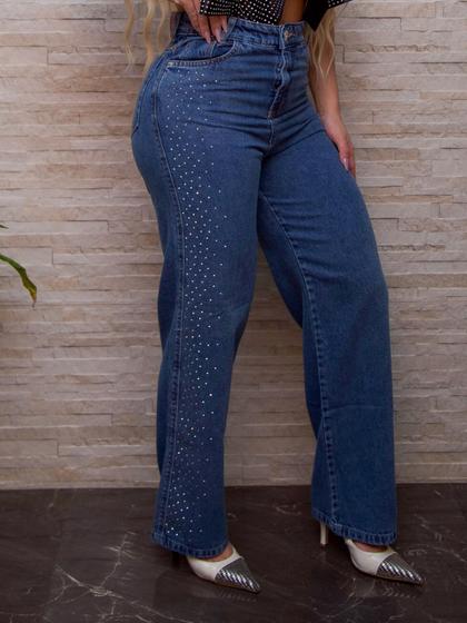 Imagem de Calça jeans premium wide leg marmorizada com bolso forrado e brilho strass