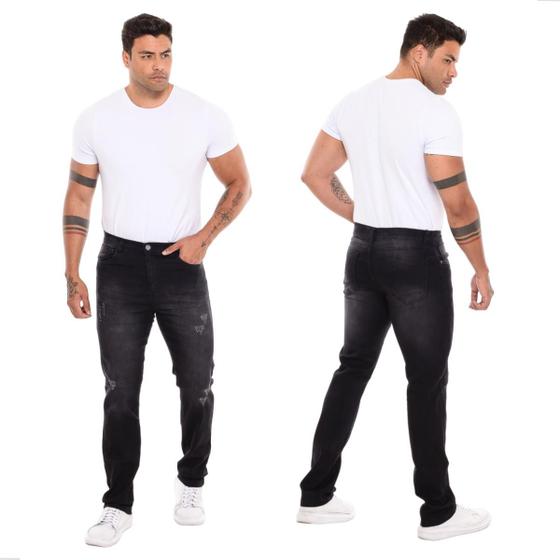 Imagem de Calça Jeans Preta Masculina Slim Estonado Desgastado Com Elastano Casual Confortavel