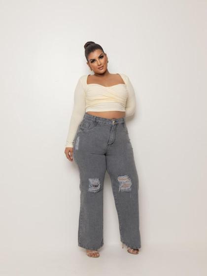 Imagem de Calça jeans retrô destroyed wide leg plus size wid leg pantalona