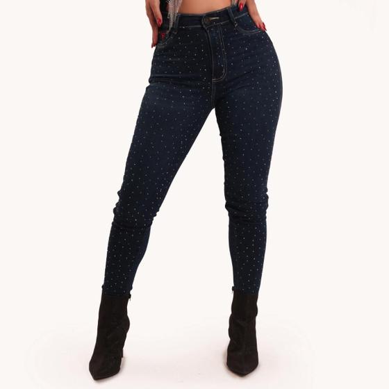 Imagem de Calça Jeans Skinny Azul Feminina Moda Country Bordada E Strass Brilhos Pedraria Texas Ranch Jeans Oficial Exclusiva Cintura Alta