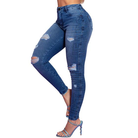 Imagem de Calça Jeans Skinny com Logomania Lateral de Cristais e Destroyed Pit Bull 66773