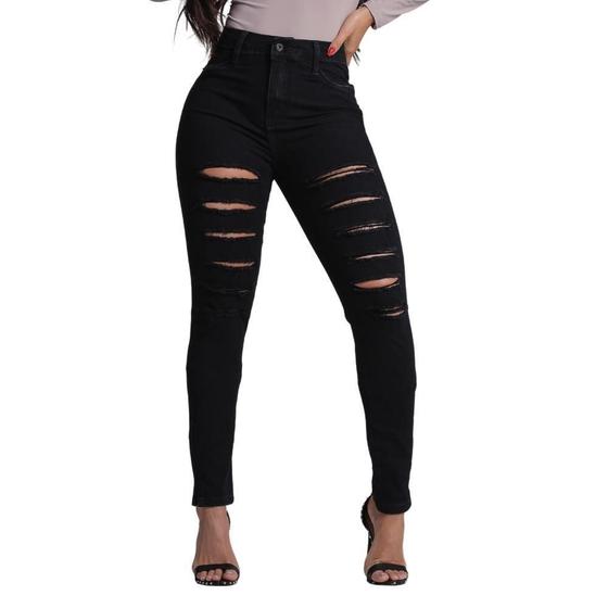 Imagem de Calça Jeans Skinny Feminina Cintura Alta Rasgos Perna Moda