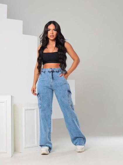 Imagem de Calça Jeans Sky Feminina WIde Leg Cargo Bolsos Lateral Ref: 0031