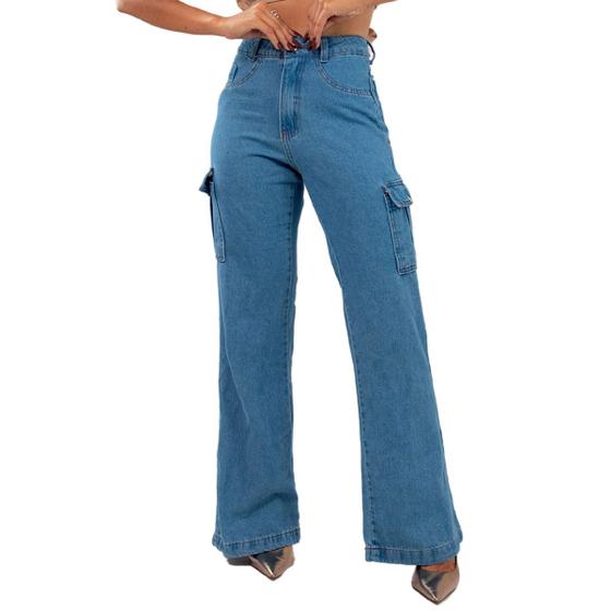 Imagem de Calça Jeans Wide Leg Cargo Cintura Alta Bolsos Laterais