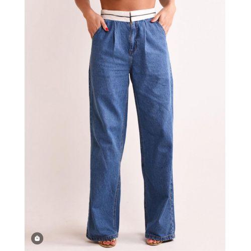 Imagem de Calça Jeans Wide Leg Com Cós Bicolor