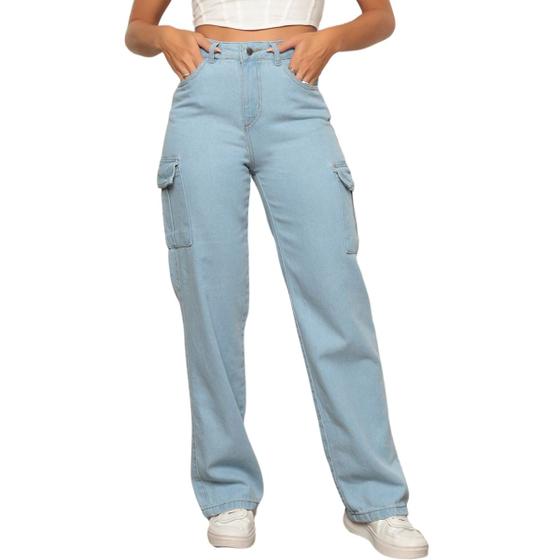 Imagem de Calça Jeans Wide Leg Delavê Feminina Bolso Cargo  Perna Reta Alargada 