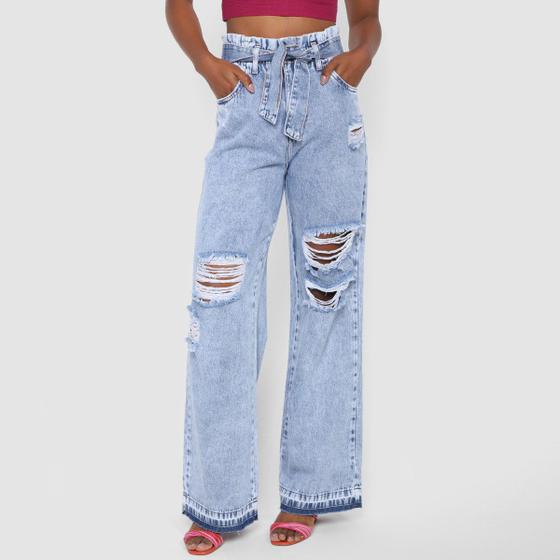 Imagem de Calça Jeans Wide Leg Destroyed Cós Com Cinto Cintura Alta Feminina