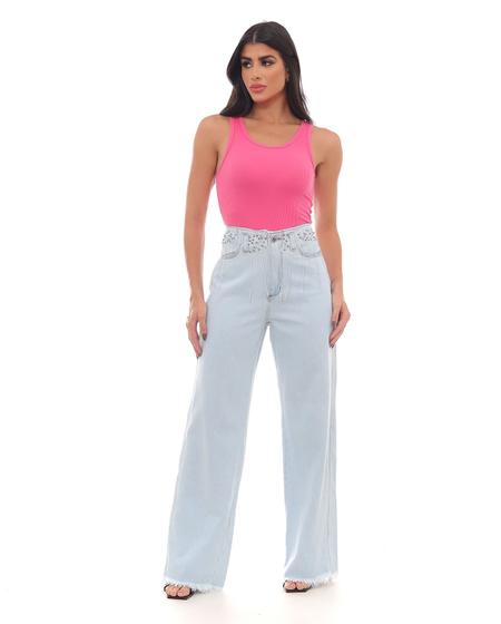 Imagem de Calça Jeans Wide Leg Feminina Cintura Alta Tachas e Correntes 22420 Clara