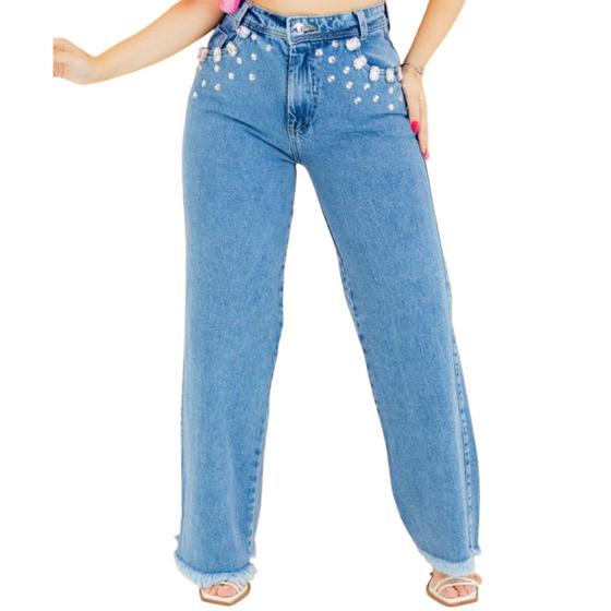 Imagem de Calça Jeans Wide Leg Feminina Com Aplicação Em Pedras