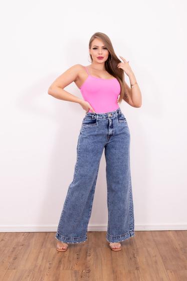 Imagem de Calça Jeans Wide Leg Pantalona Azul Claro Marmorizado