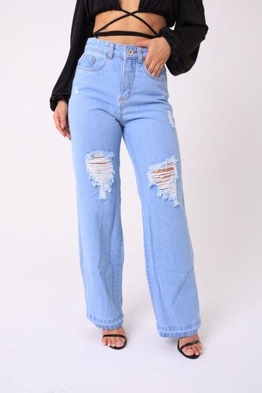 Imagem de Calça Jeans Wide Leg Premium cintura alta com detalhes de rasgo