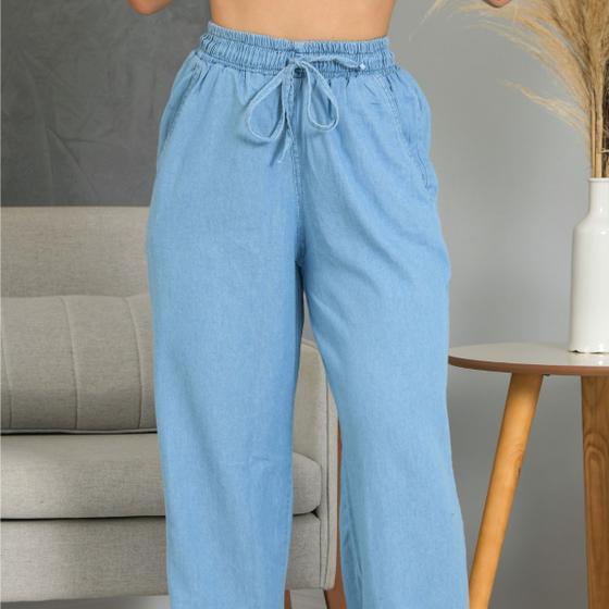 Imagem de Calça Jeans Wide Leg Tecido Leve Com Elástico Na Cintura