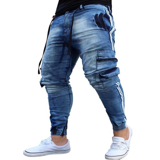 Imagem de Calça Jogger Masculina JEANS AZUL Cargo Linha Lateral PLUS SIZE