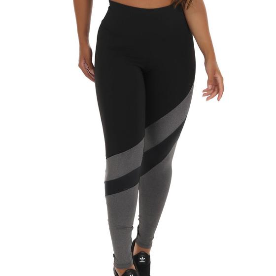 Imagem de Calça Legging Fitness Academia Cintura Alta Cós Duplo Preta Detalhe Cinza Feminina