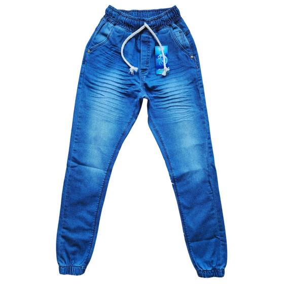 Imagem de calça masculina juvenil jeans modelo jogger infantil .