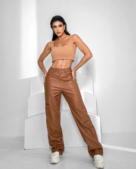 Imagem de Calça Material Sintético Wide Leg Feminina Cintura Alta Cargo 22737 Toffee (caramelo)