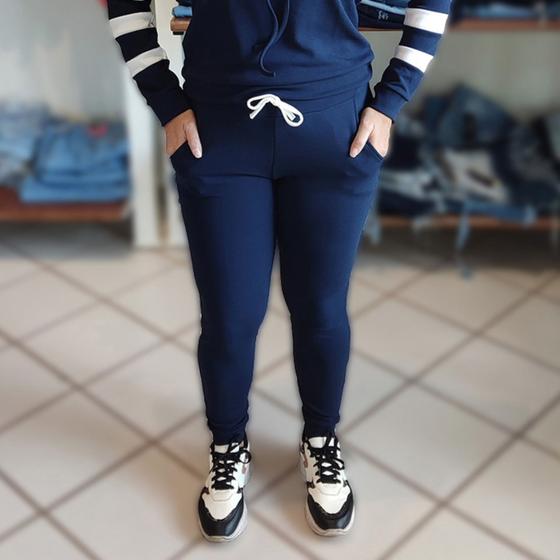 Imagem de Calça Moletom Feminino Inverno Frio Tecido Malha Crepe Azul Marinho M G e GG