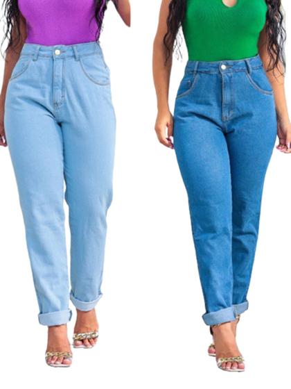 Imagem de Calça mom jeans feminina cintura alta azul escura e clara