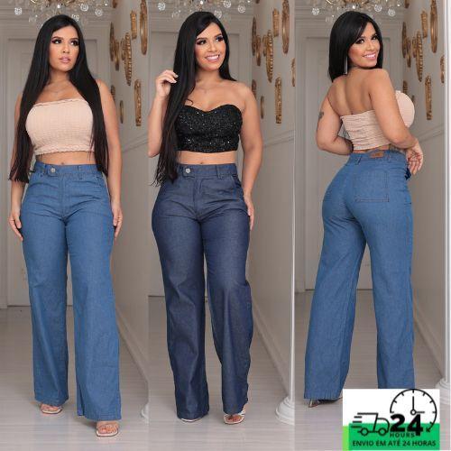 Imagem de Calça Pantalona Jeans Feminina Social Cintura Alta Com bolso na frente e zíper moda tendência